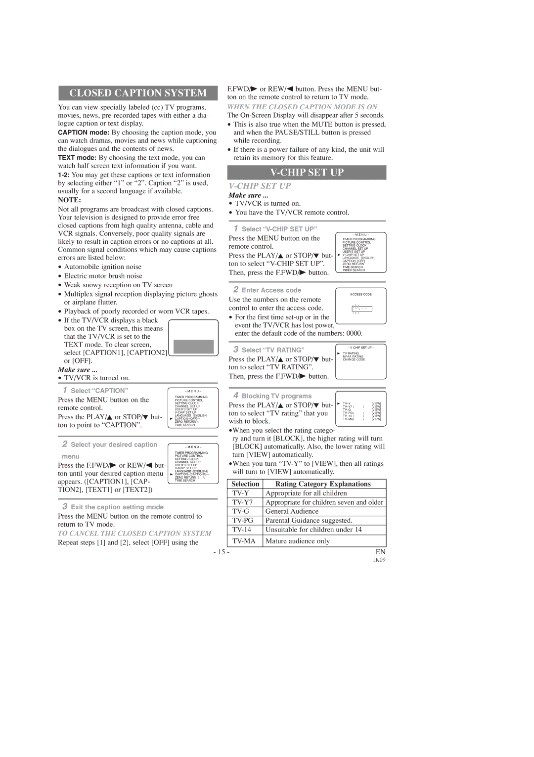 Sylvania SRC2319 owner manual Closed Caption System, Chip SET UP, Selection Rating Category Explanations 