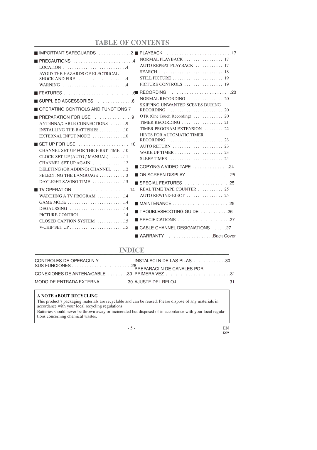 Sylvania SRC2319 owner manual Table of Contents, Indice 