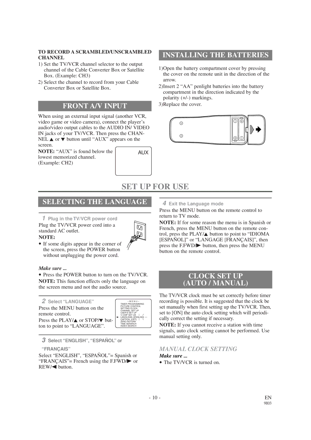 Sylvania SRC2419, SRC2213W owner manual SET UP for USE, Front A/V Input, Installing the Batteries, Selecting the Language 