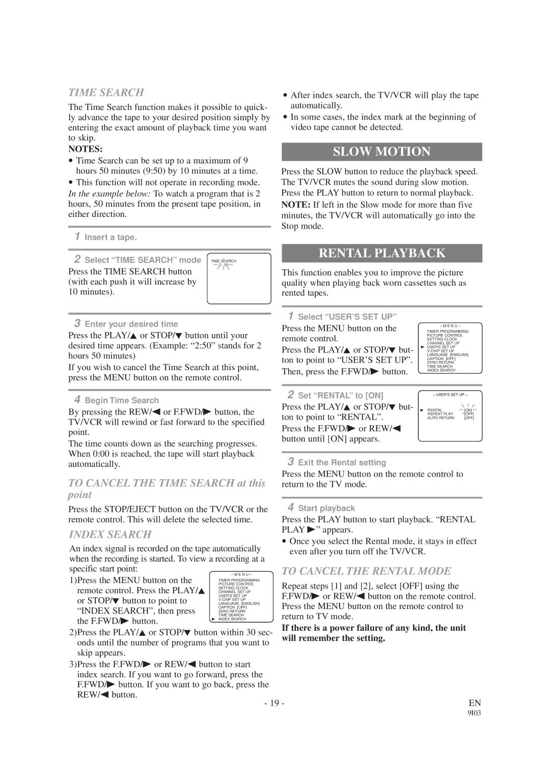 Sylvania SRC2213W, SRC2419 owner manual Slow Motion, Rental Playback, Time Search, Index Search, To Cancel the Rental Mode 