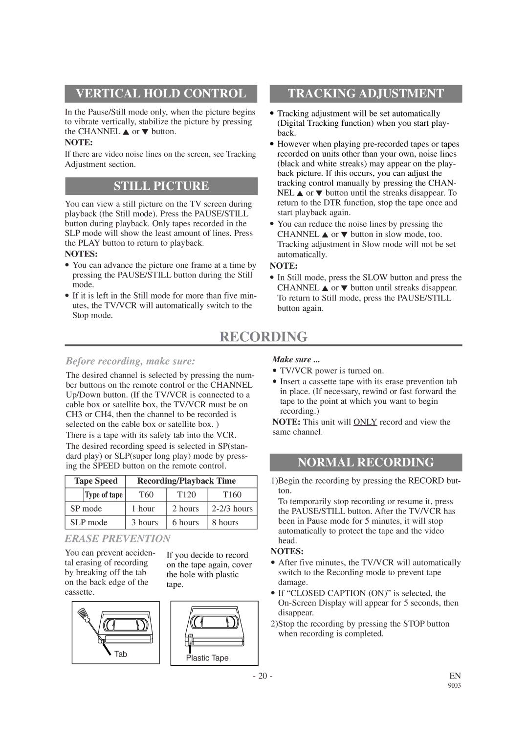 Sylvania SRC2419, SRC2213W owner manual Vertical Hold Control, Still Picture, Tracking Adjustment, Normal Recording 