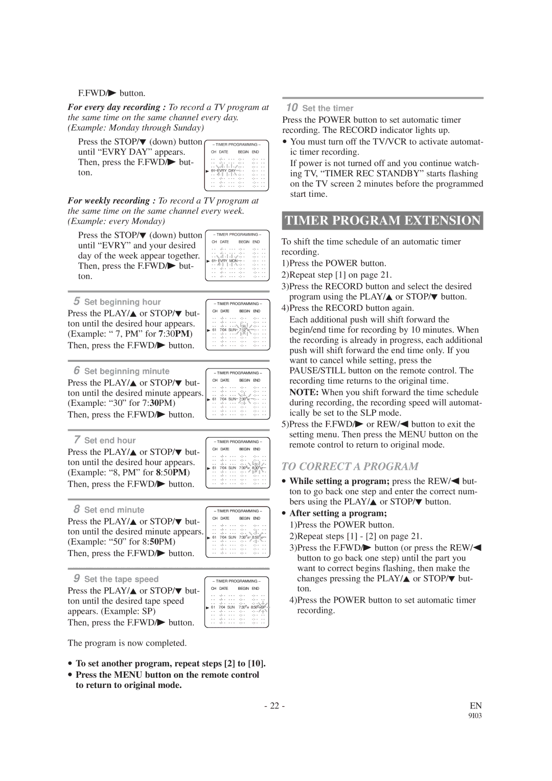 Sylvania SRC2419, SRC2213W owner manual Timer Program Extension, To Correct a Program 