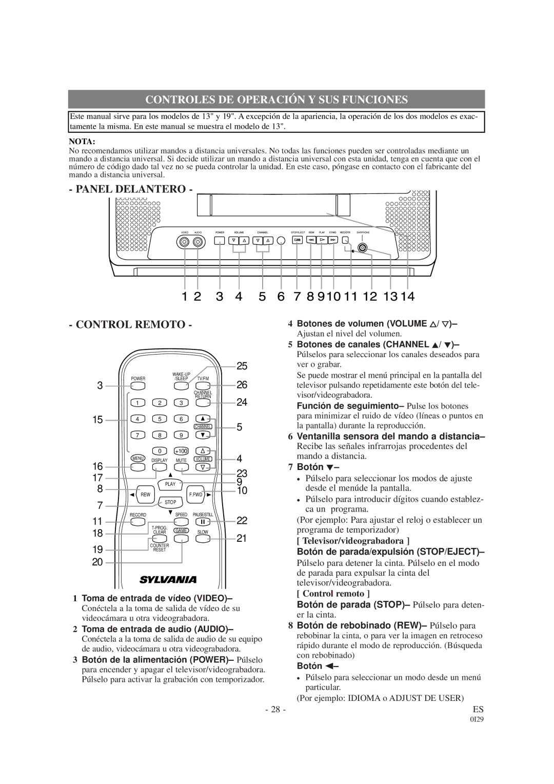 Sylvania SRC2419, SRC2213W owner manual Televisor/videograbadora, Control remoto 