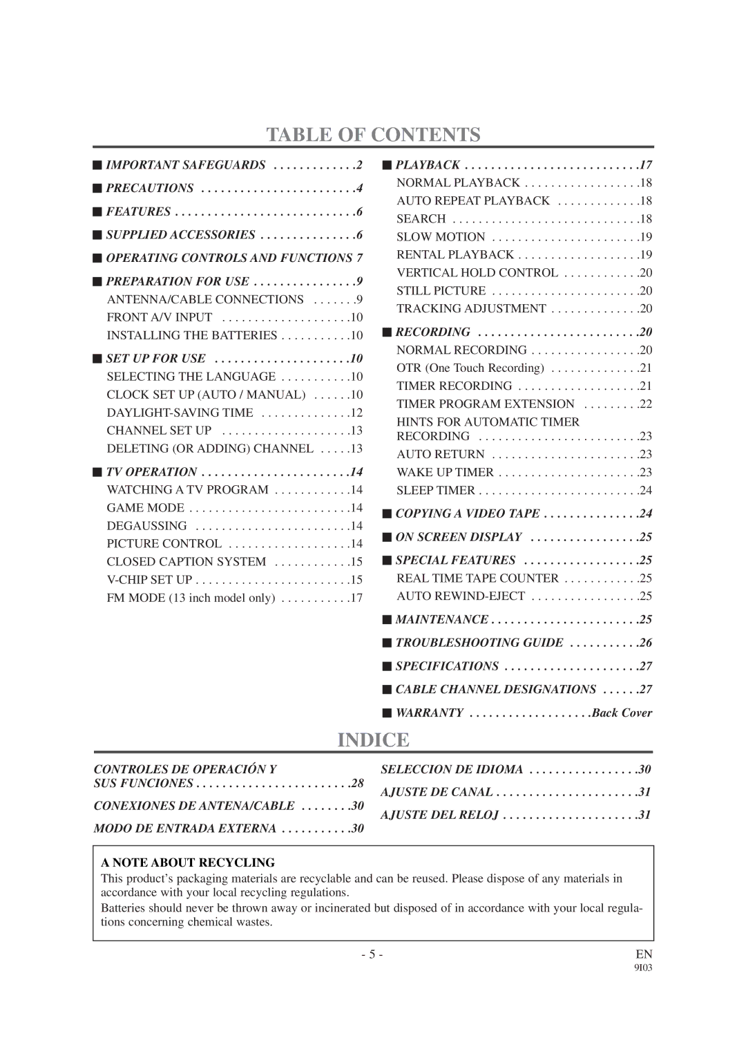 Sylvania SRC2213W, SRC2419 owner manual Table of Contents, Indice 