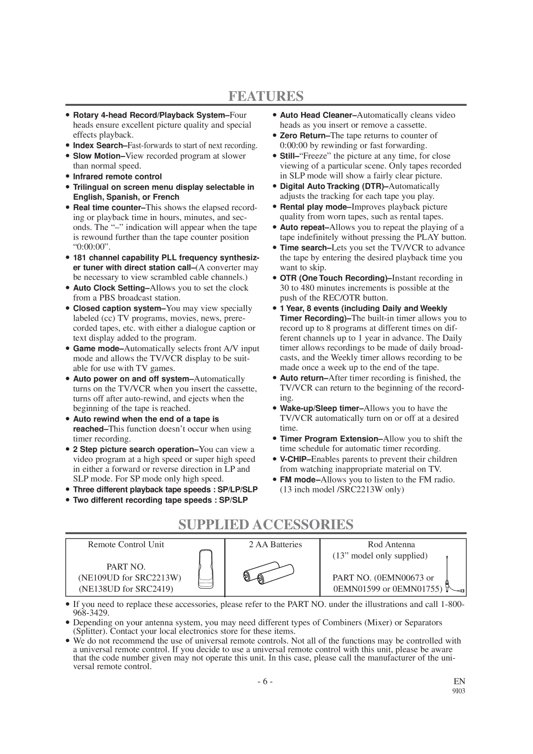 Sylvania SRC2419, SRC2213W owner manual Features, Supplied Accessories 