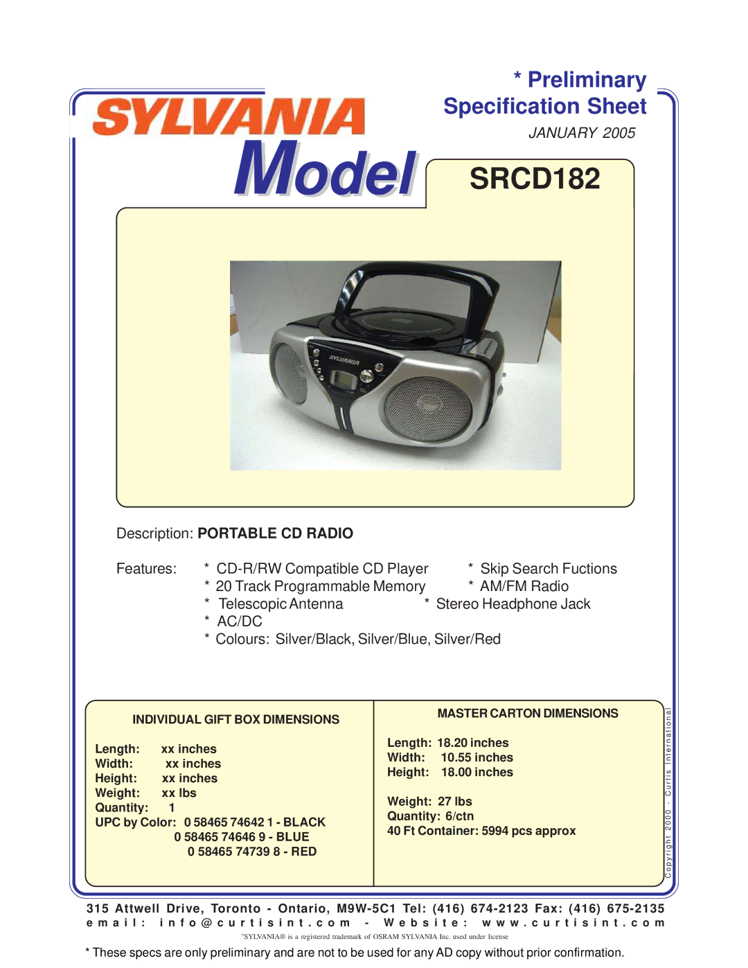 Sylvania specifications Model SRCD182, Description Portable CD Radio, Ac/Dc 