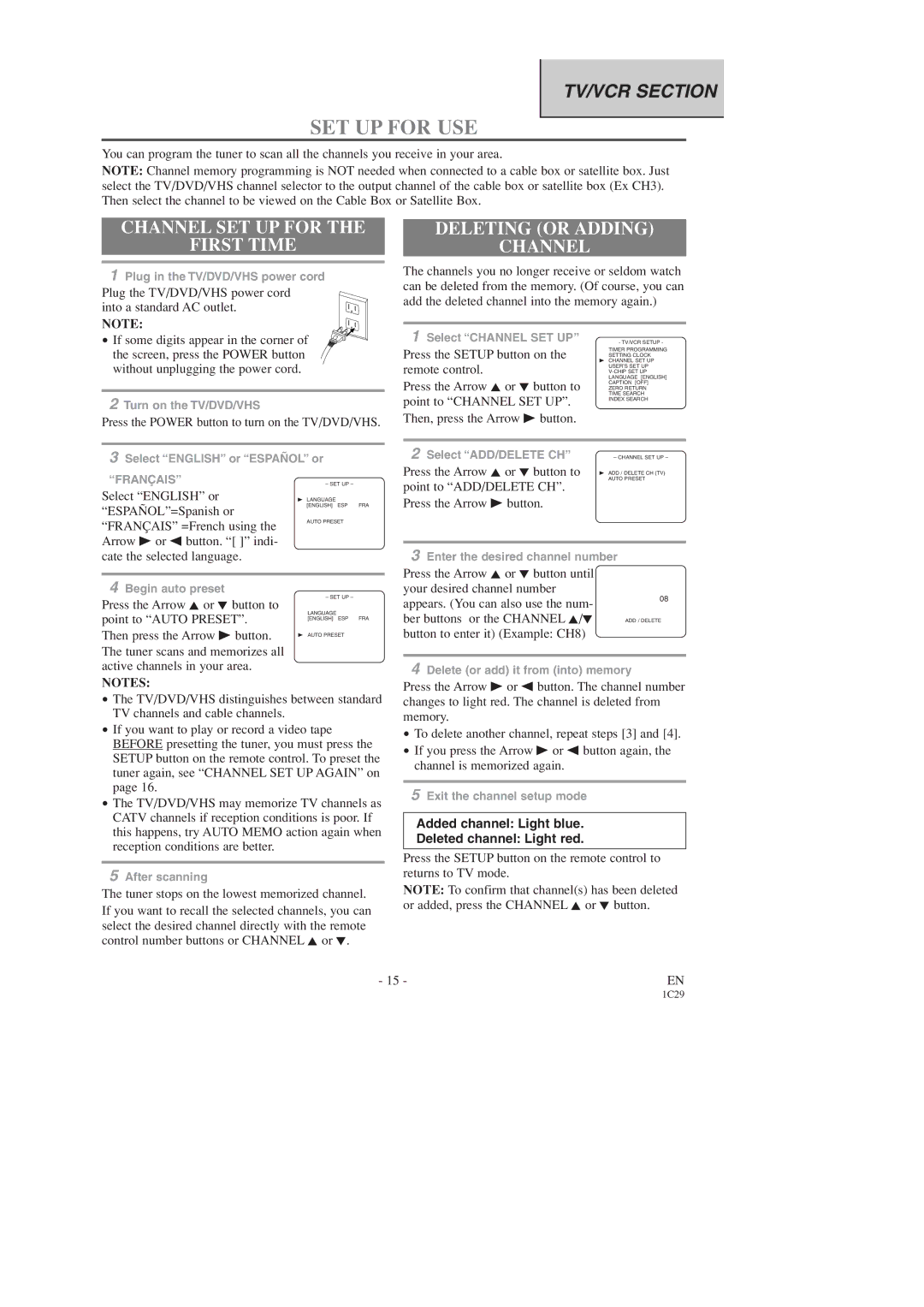 Sylvania SRCD223, SRCD227 owner manual SET UP for USE, Channel SET UP for First Time, Deleting or Adding Channel 