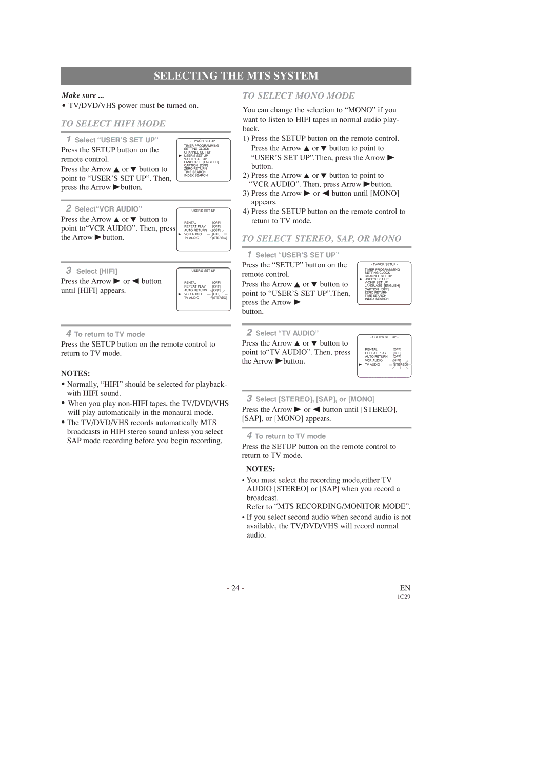 Sylvania SRCD223, SRCD227 owner manual Selecting the MTS System, To Select Hifi Mode To Select Mono Mode 