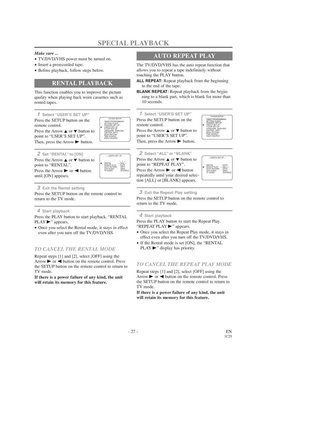 Sylvania SRCD223, SRCD227 owner manual Special Playback, Rental Playback, Auto Repeat Play, To Cancel the Rental Mode 