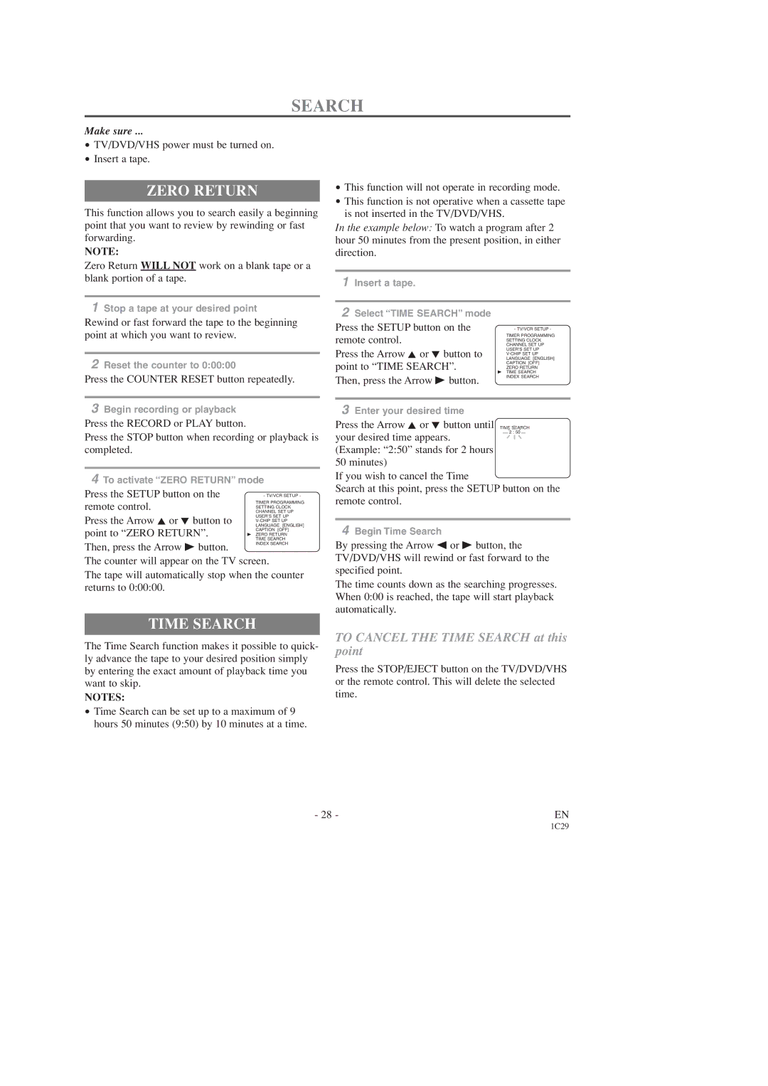 Sylvania SRCD223, SRCD227 owner manual Zero Return, Time Search 