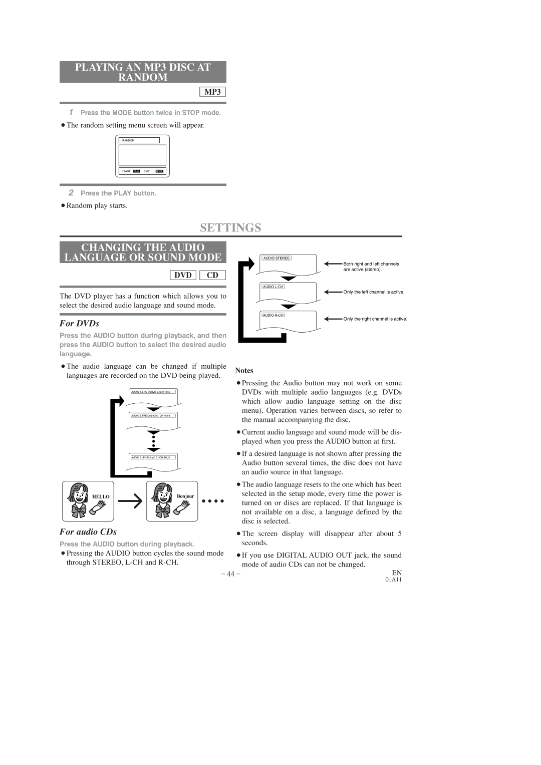 Sylvania SRCD223, SRCD227 Playing AN MP3 Disc AT Random, Changing the Audio Language or Sound Mode, ¡Random play starts 