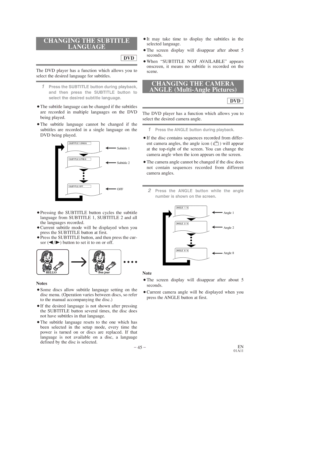 Sylvania SRCD223, SRCD227 owner manual Changing the Subtitle Language, Changing the Camera Angle Multi-Angle Pictures 