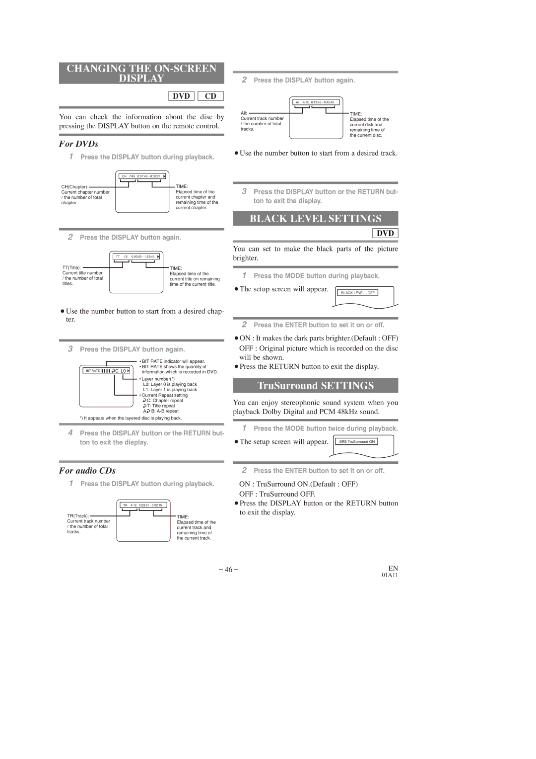 Sylvania SRCD223, SRCD227 owner manual Changing the ON-SCREEN Display, Black Level Settings 