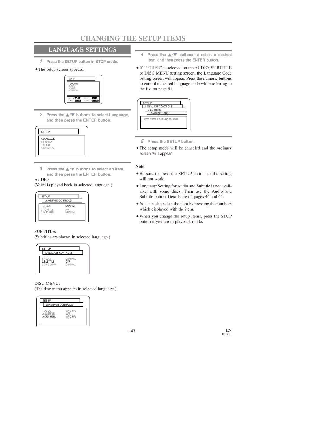 Sylvania SRCD223, SRCD227 owner manual Language Settings, Audio, Subtitle, Disc Menu 