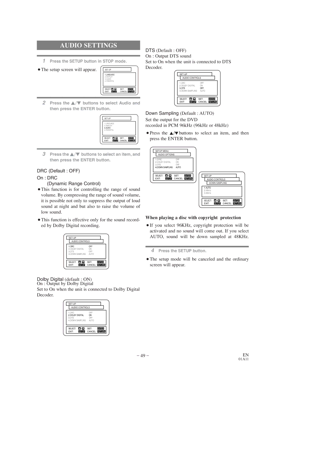 Sylvania SRCD223, SRCD227 owner manual Audio Settings, When playing a disc with copyright protection 