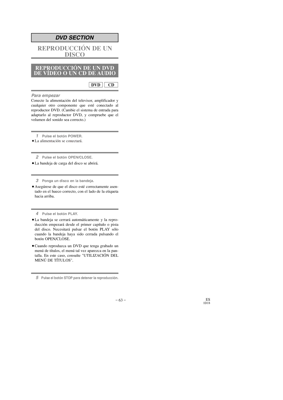 Sylvania SRCD223, SRCD227 owner manual Reproducción DE UN DVD DE Vídeo O UN CD DE Audio, ¡La alimentación se conectará 