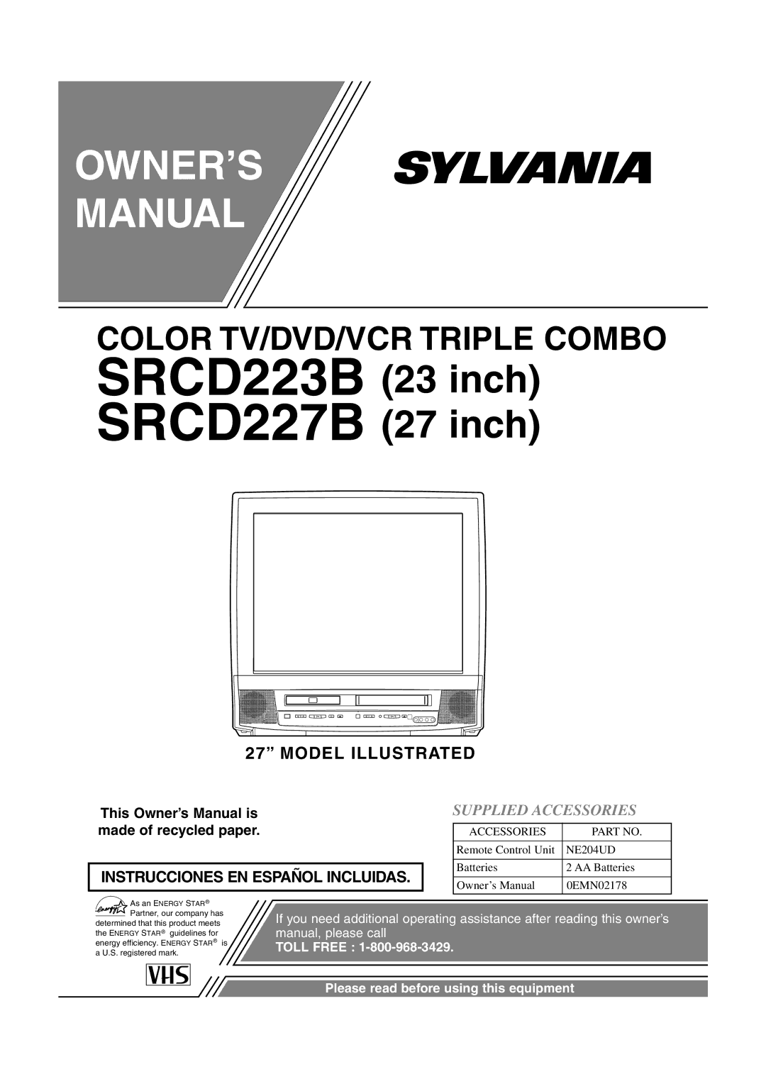 Sylvania SRCD223B, SRCD227B owner manual SRCD223B SRCD227B, Supplied Accessories 