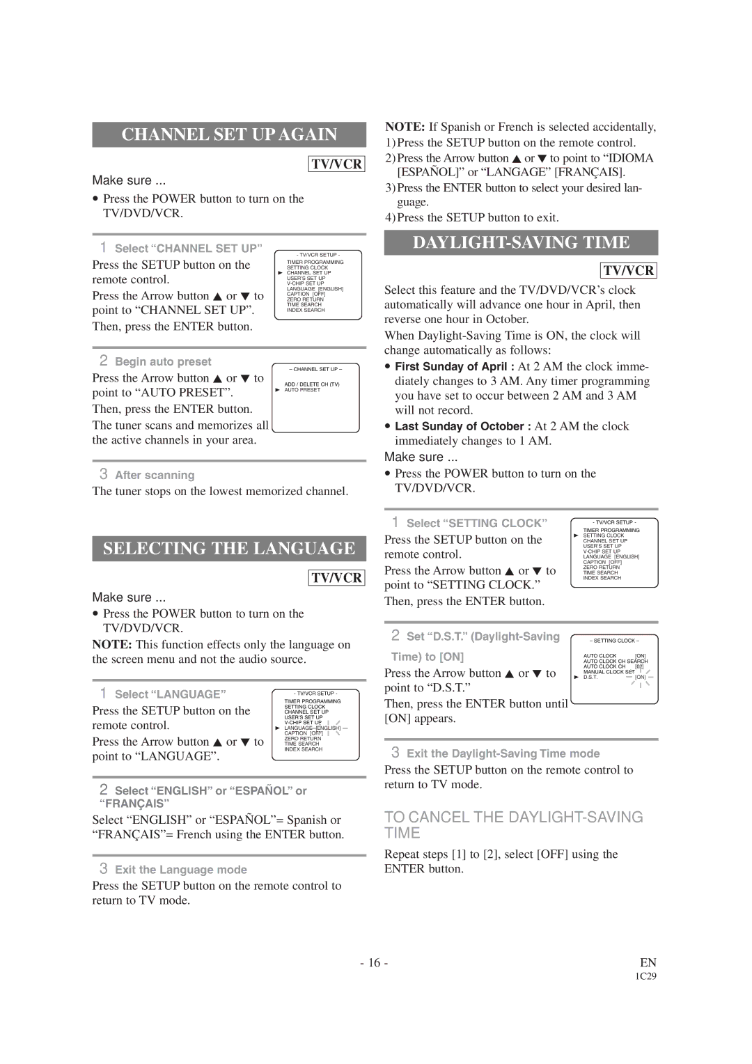 Sylvania SRCD223B, SRCD227B owner manual Channel SET UP Again, DAYLIGHT-SAVING Time, Selecting the Language 