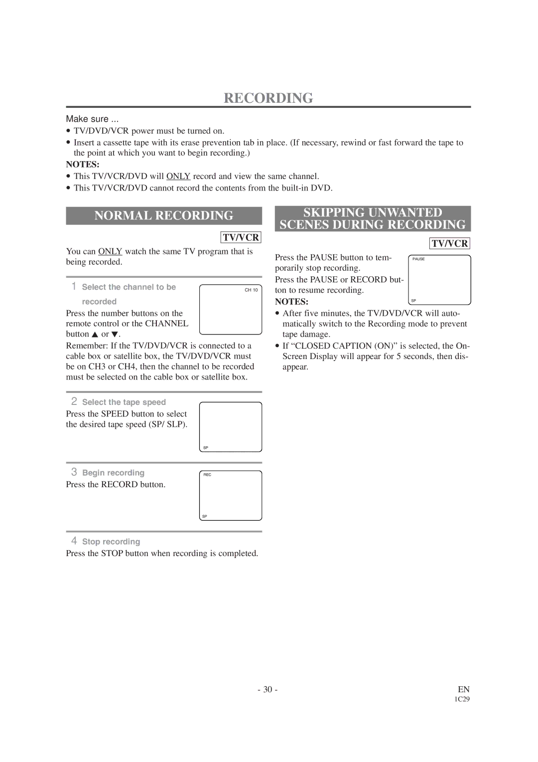 Sylvania SRCD223B, SRCD227B owner manual Normal Recording, Skipping Unwanted Scenes During Recording 