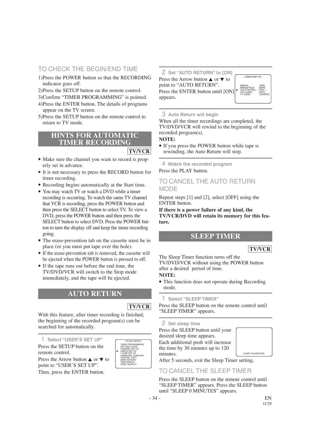 Sylvania SRCD223B, SRCD227B owner manual Hints for Automatic Timer Recording, Auto Return, Sleep Timer 