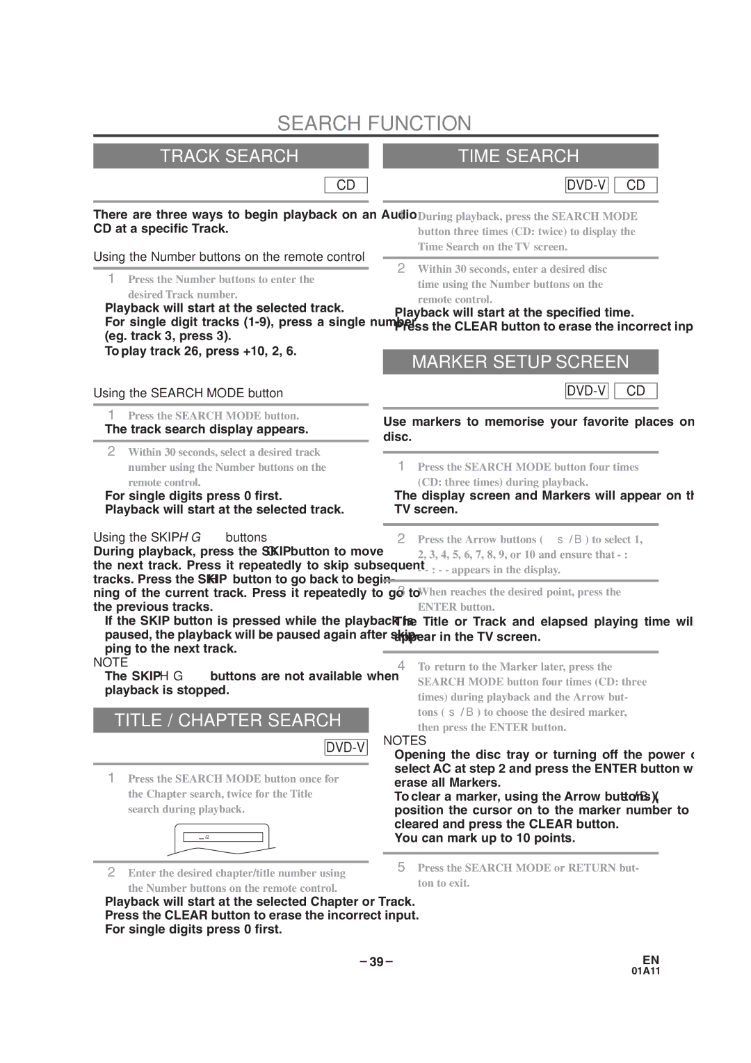 Sylvania SRCD223B, SRCD227B owner manual Search Function, Track Search, Title / Chapter Search, Marker Setup Screen 