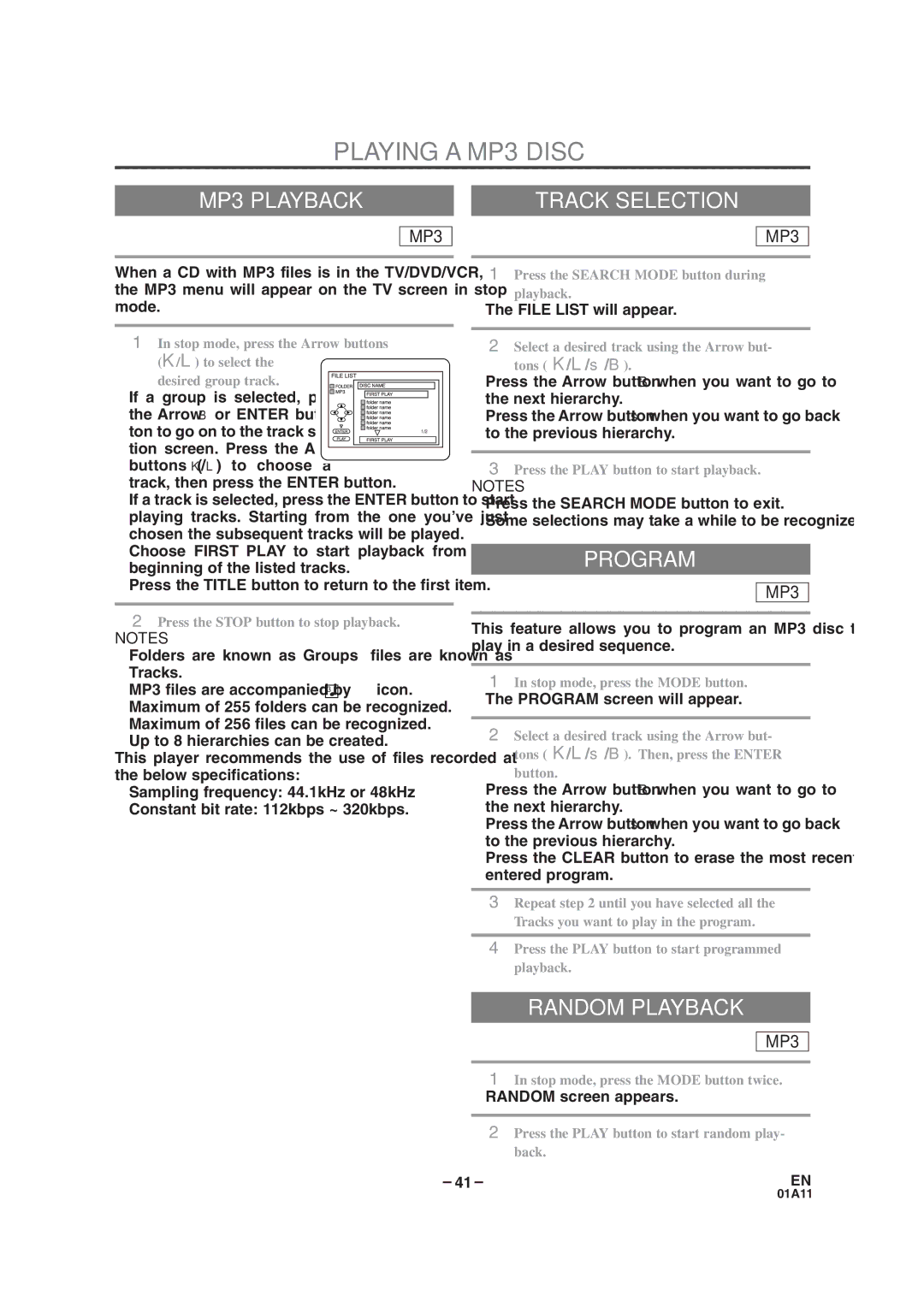 Sylvania SRCD223B, SRCD227B owner manual Playing a MP3 Disc, MP3 Playback, Program, ¡The File List will appear 