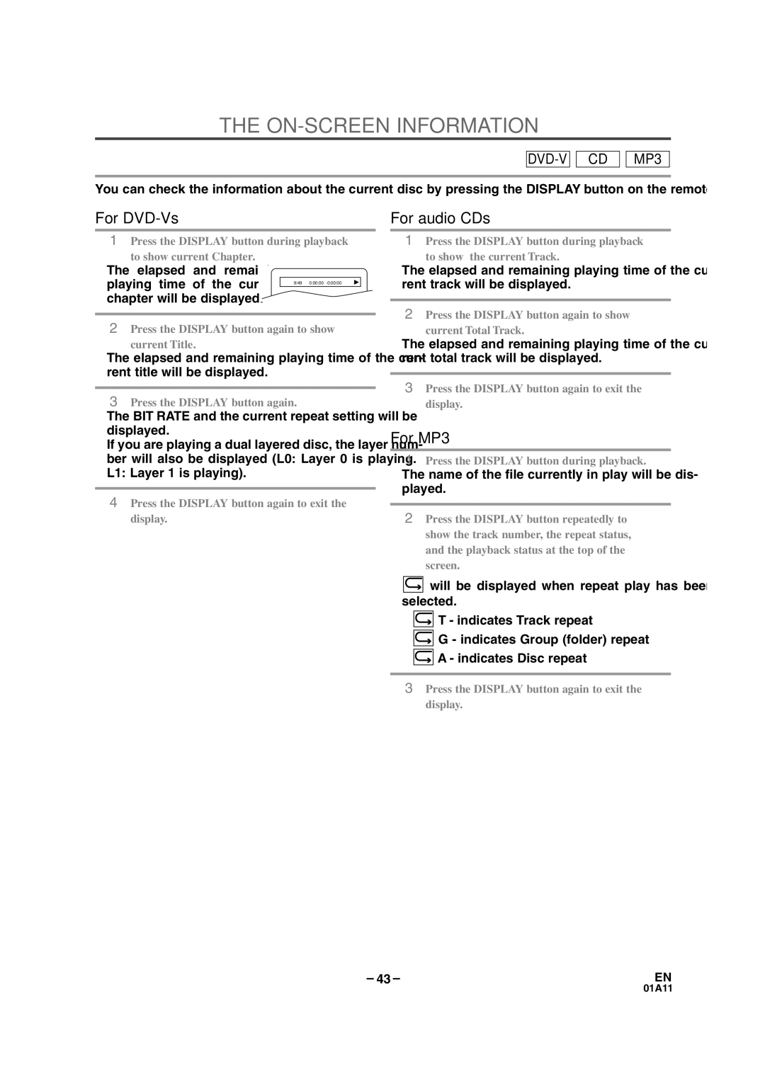 Sylvania SRCD223B ON-SCREEN Information, ¡The elapsed and remaining Playing time of the current, Chapter will be displayed 