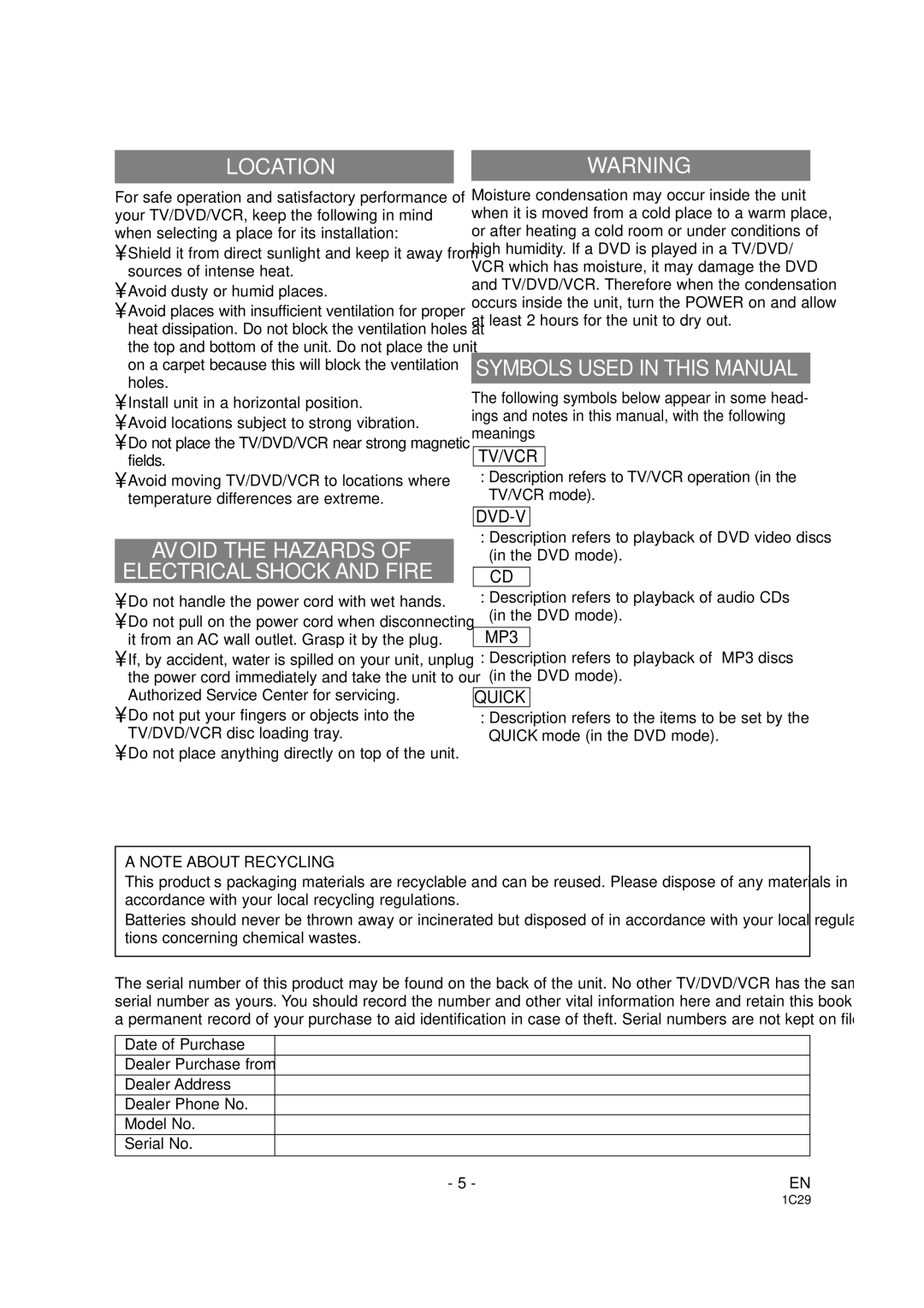 Sylvania SRCD223B owner manual Locationwarning, Avoid the Hazards Electrical Shock and Fire, Symbols Used in this Manual 