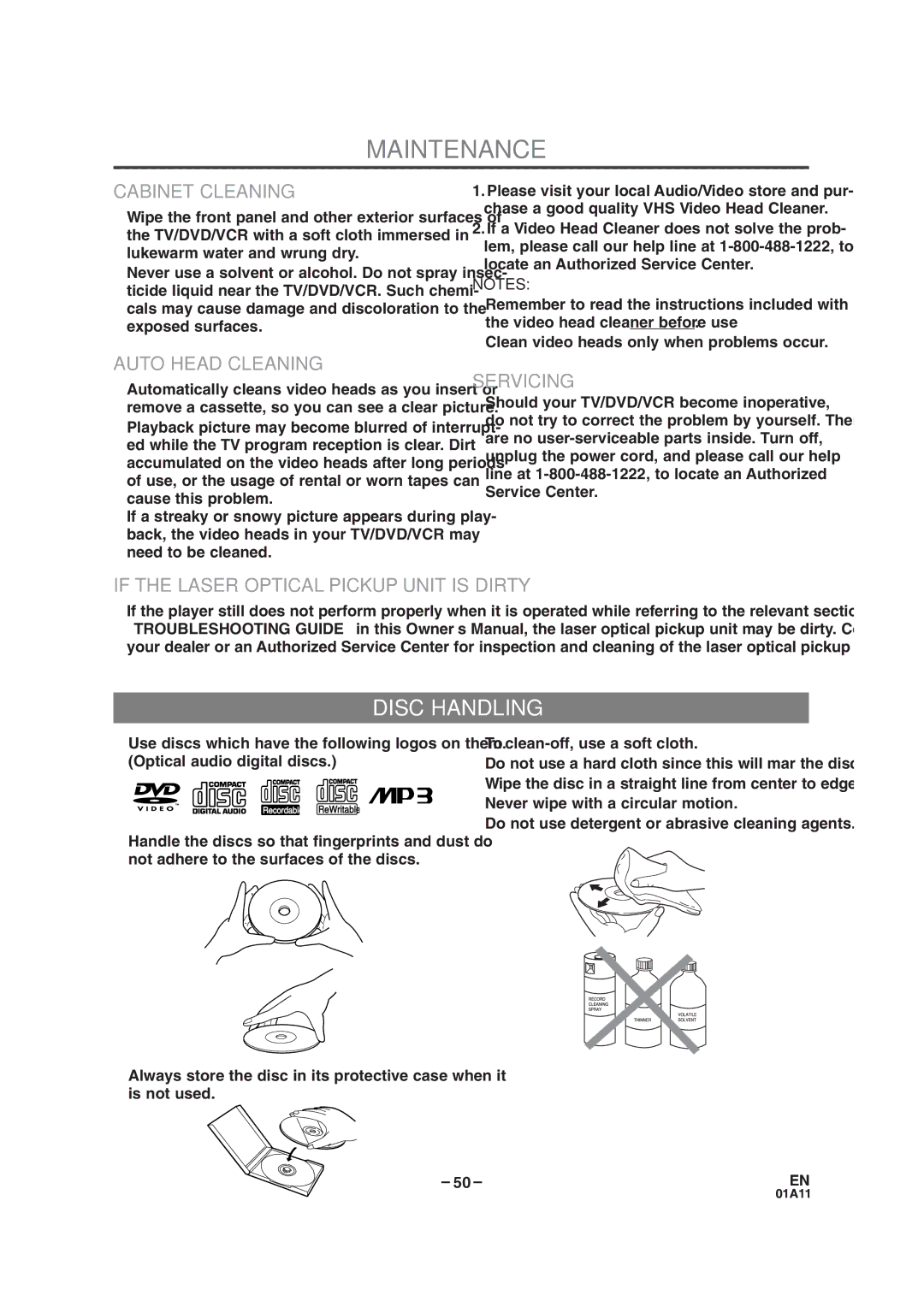 Sylvania SRCD223B, SRCD227B owner manual Maintenance, Disc Handling 