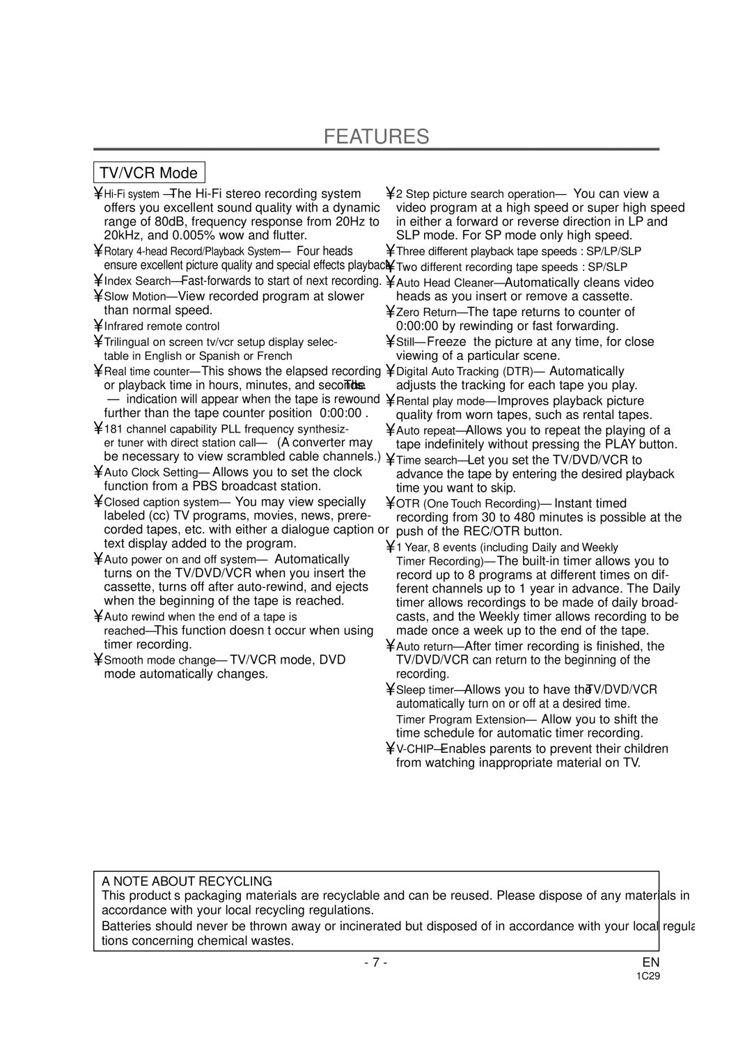 Sylvania SRCD223B, SRCD227B owner manual Features, TV/VCR Mode 