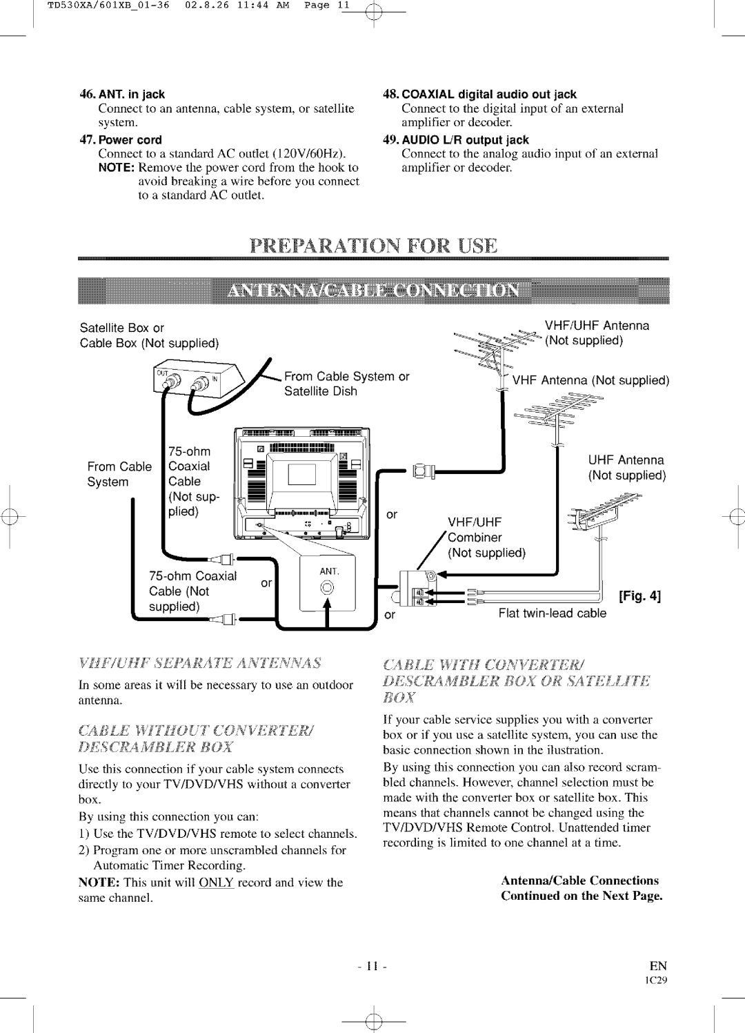 Sylvania SRCD223, SRCD227 Preparatin for USE, VHF Antenna Not supplied, UHF Antenna, LS RA,f LfN YZ, Flat twin-lead cable 