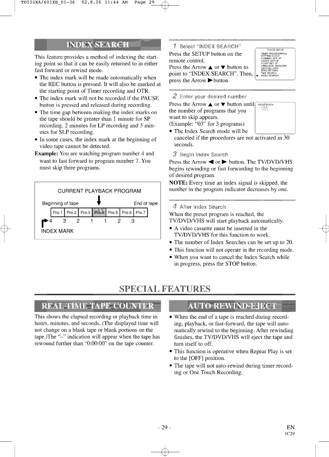 Sylvania SRCD223 Special Features, Beginning of tape, R4 3 2 1 1 2 3 Index Mark SelJecI!NDEX SEAIFtCH, ARe, IhrdexSea, oh 