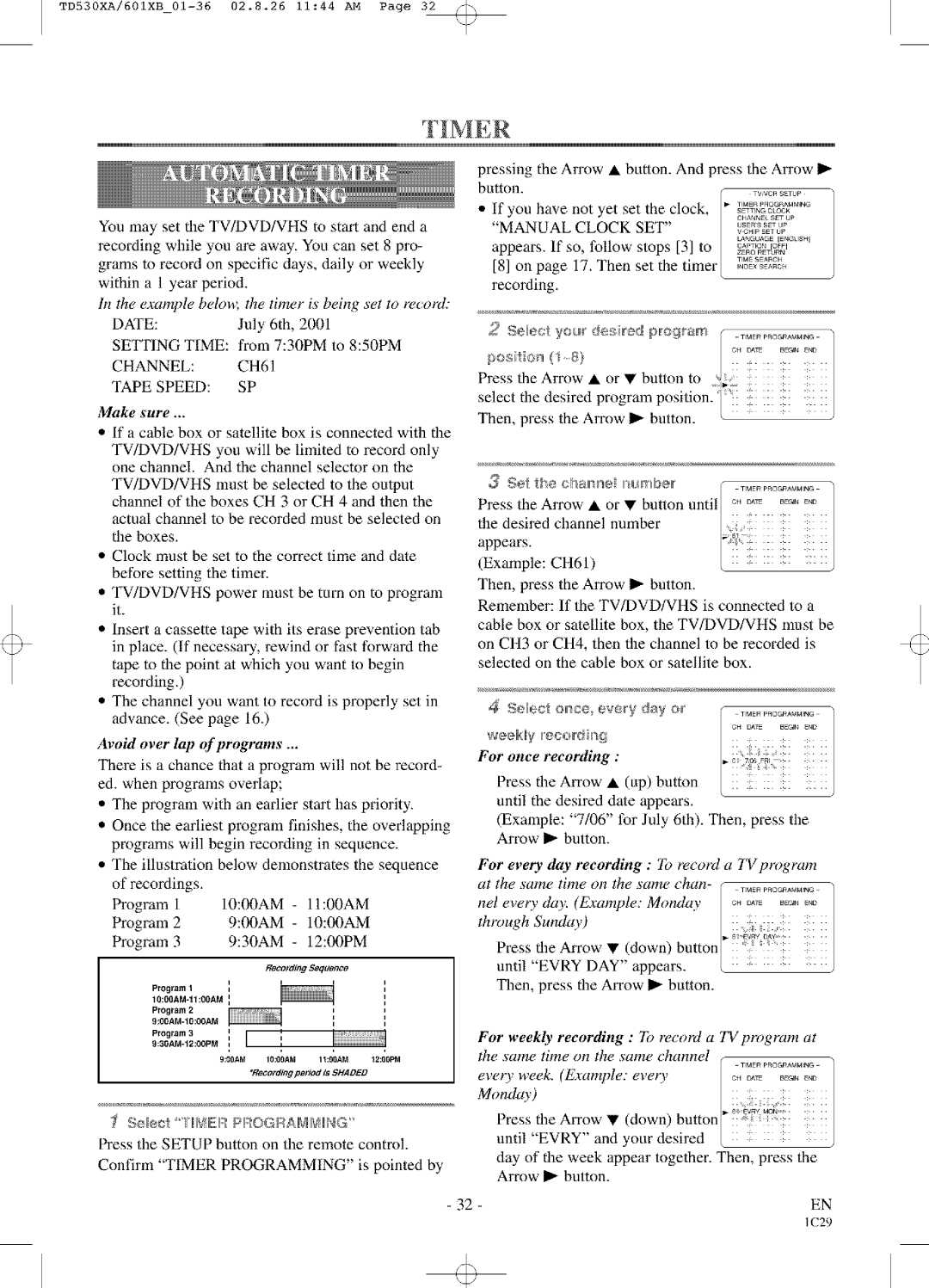 Sylvania SRCD227, SRCD223 Example 7/06 for July 6th. Then, press the Arrow I button, Seec +IIIUH!!IB PlROGRAIIMHNG 