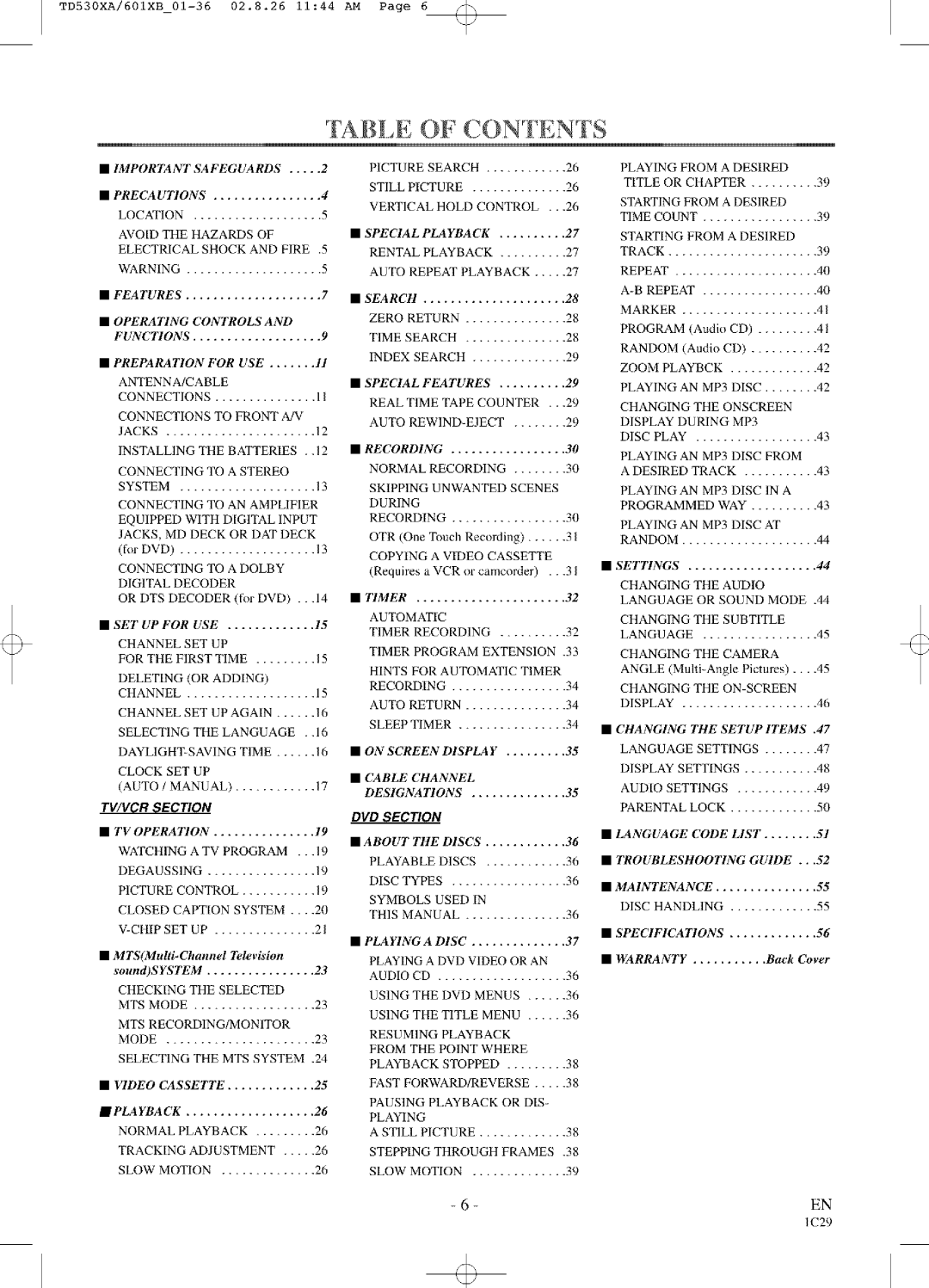 Sylvania SRCD227, SRCD223 owner manual Tabi E of Contents 