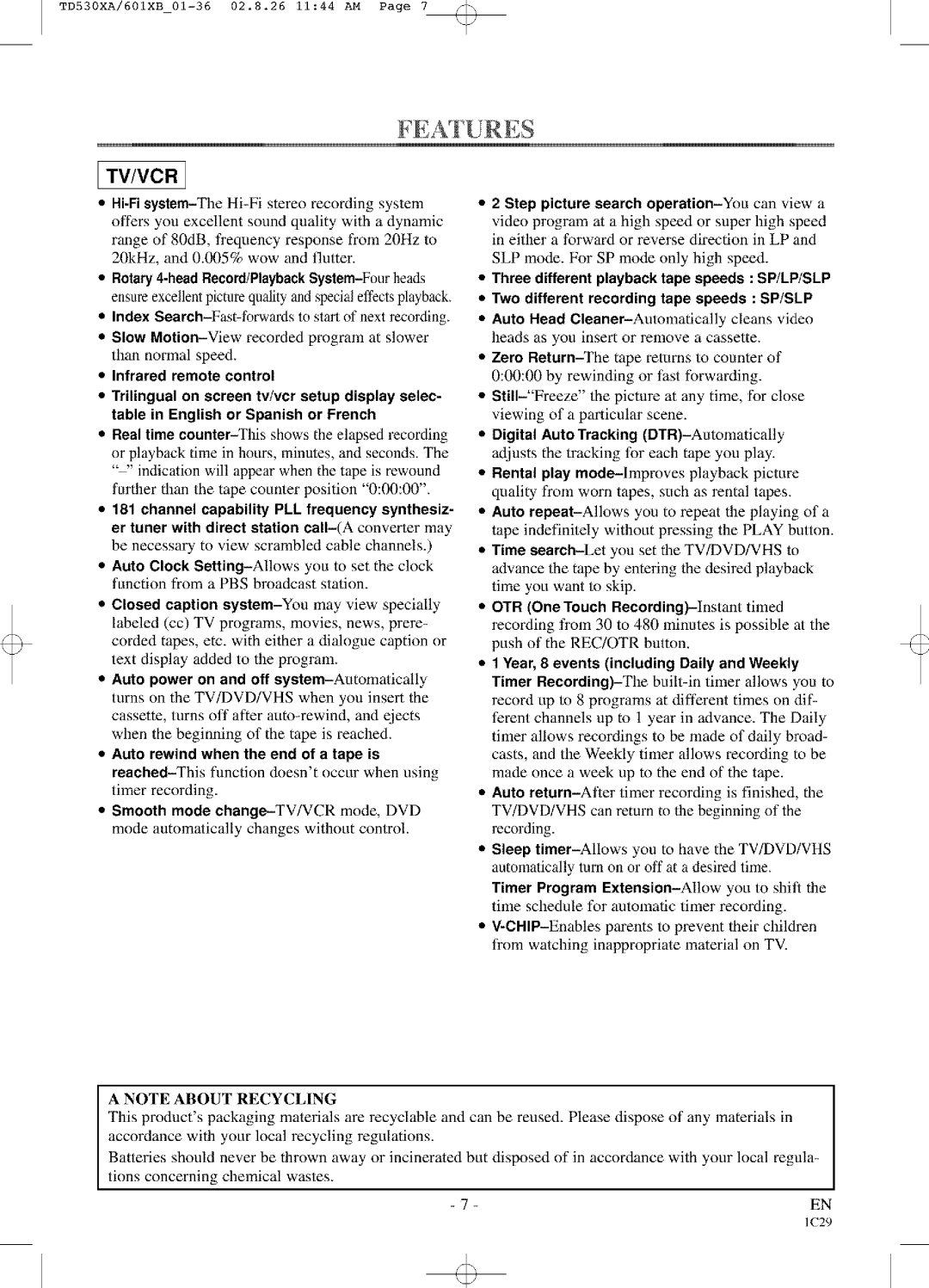 Sylvania SRCD223, SRCD227 owner manual Tv/Vcr, Two different recording tape speeds SP/SLP 