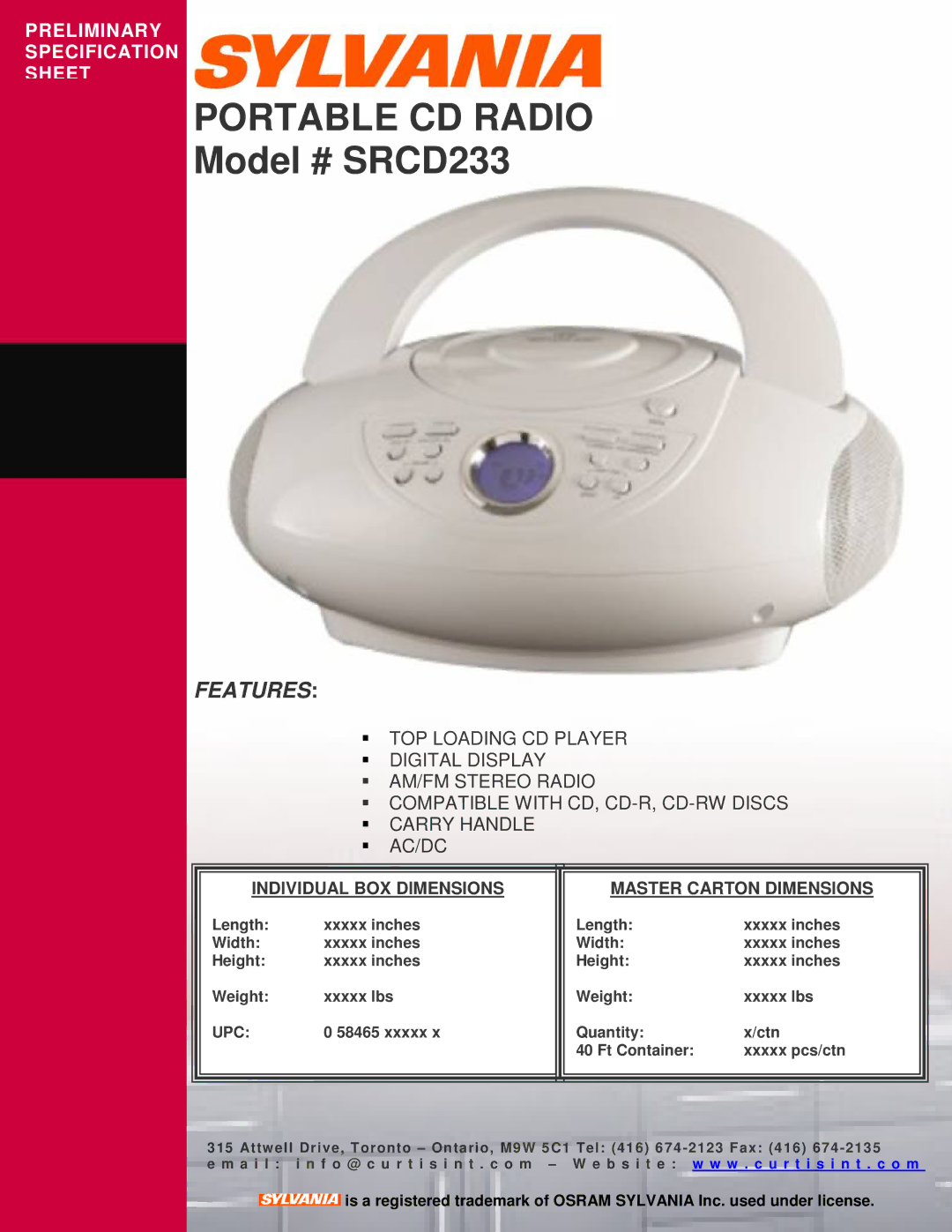 Sylvania specifications Portable CD Radio, Model # SRCD233, Features, Upc 