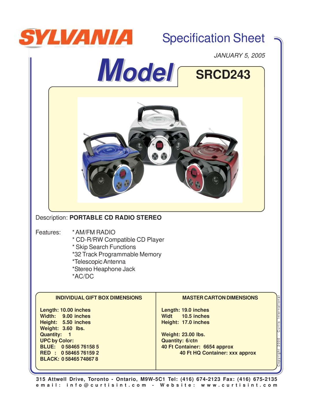 Sylvania specifications Model SRCD243, Description Portable CD Radio Stereo, Individual Gift BOX Dimensions 