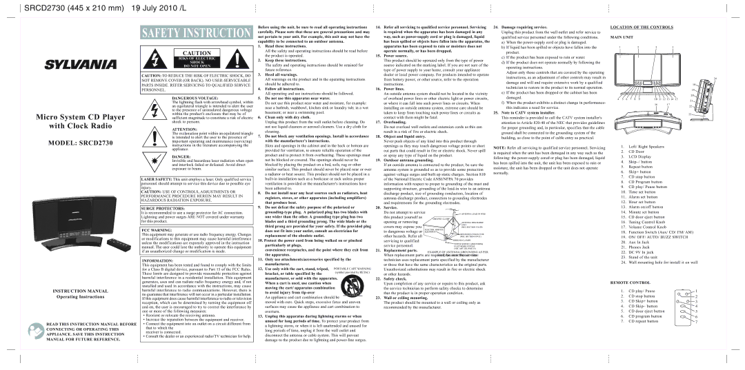 Sylvania SRCD2730 instruction manual Location of the Controls Main Unit, Surge Protectors, FCC Warning Information 