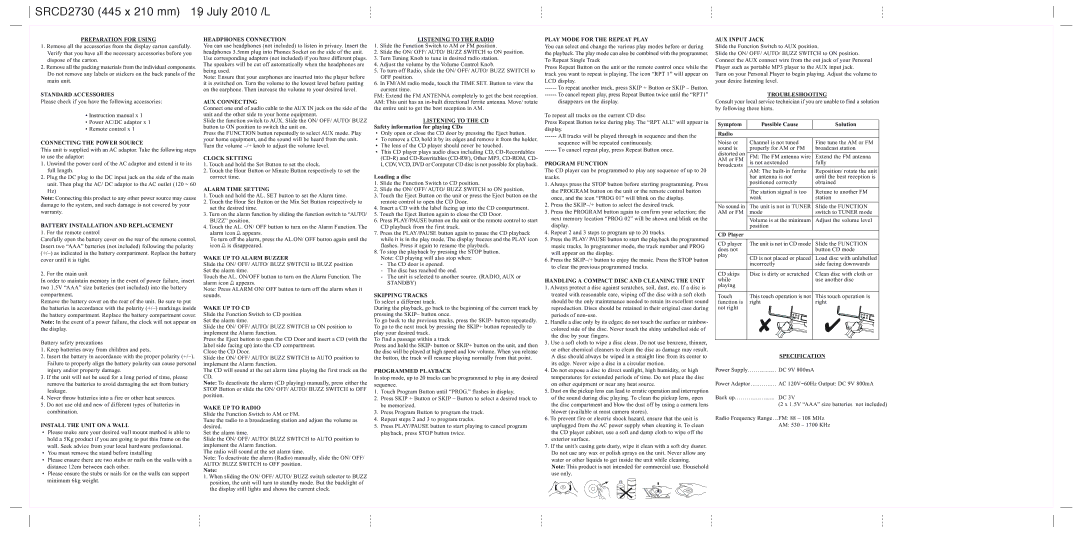 Sylvania SRCD2730 Preparation for Using, Standard Accessories, Connecting the Power Source, Install the Unit on a Wall 