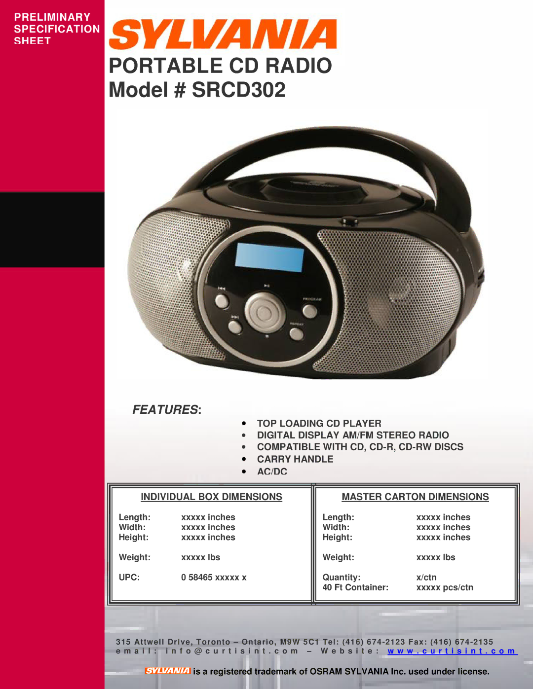 Sylvania specifications Portable CD Radio, Model # SRCD302, Features, Upc 