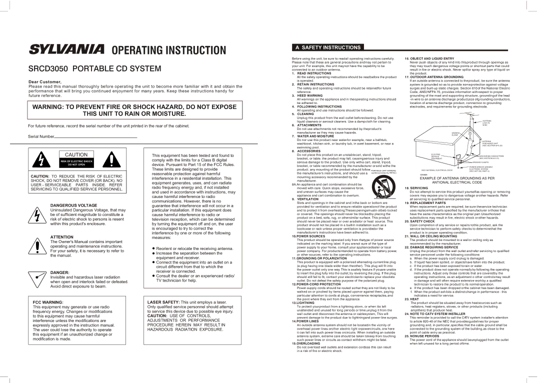 Sylvania SRCD3050 manual Safety Instructions, FCC Warning 