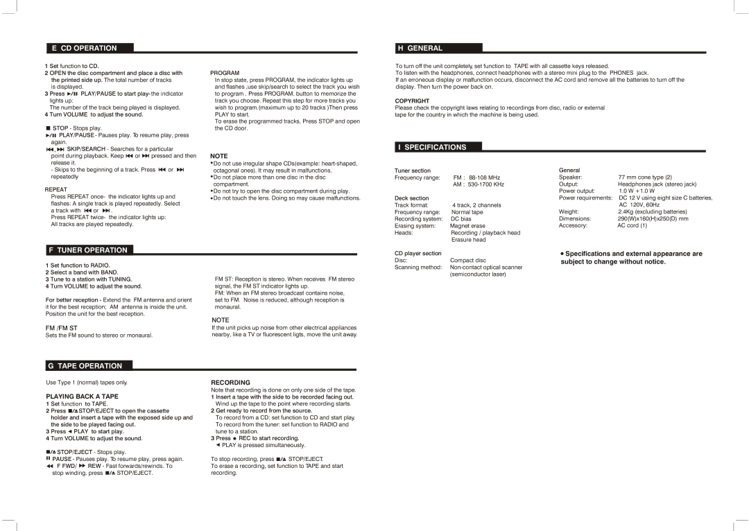 Sylvania SRCD3050 manual CD Operation General, Specifications, Tuner Operation, Tape Operation 