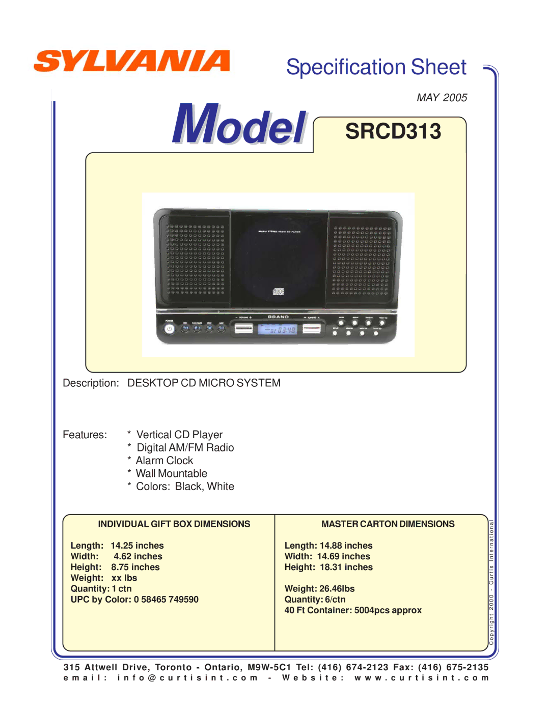 Sylvania specifications Model SRCD313, Place Image Here, Individual Gift BOX Dimensions, Master Carton Dimensions 