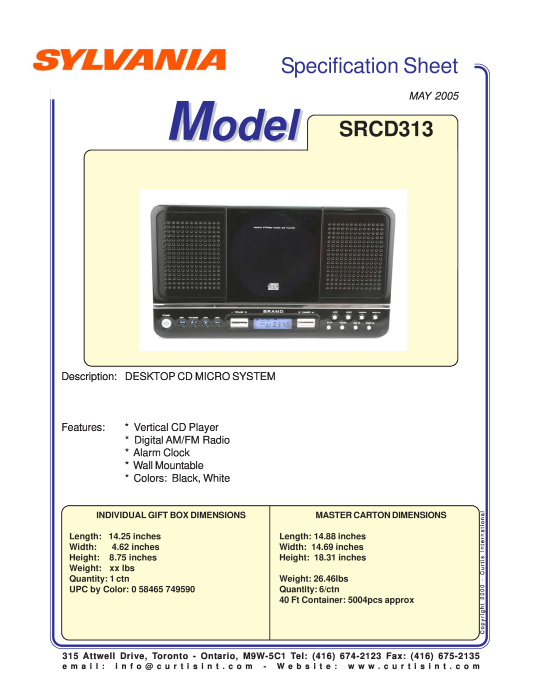 Sylvania specifications Specification Sheet, Model SRCD313, Place Image Here, Description DESKTOP CD MICRO SYSTEM 