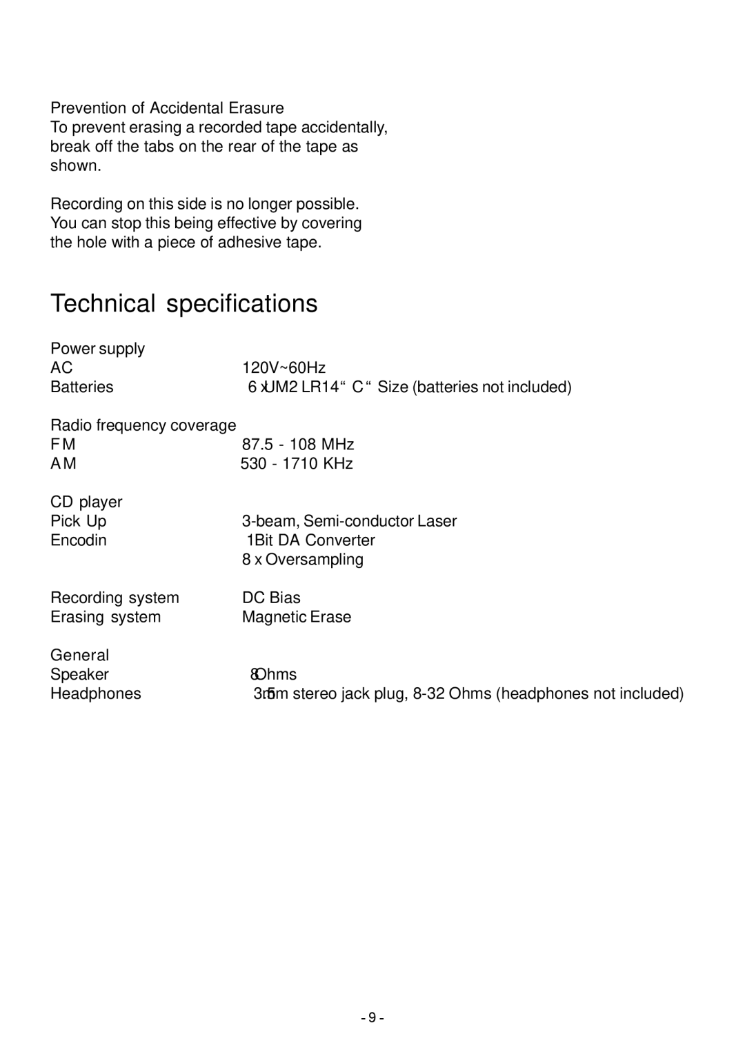 Sylvania SRCD348 manual Technical specifications 