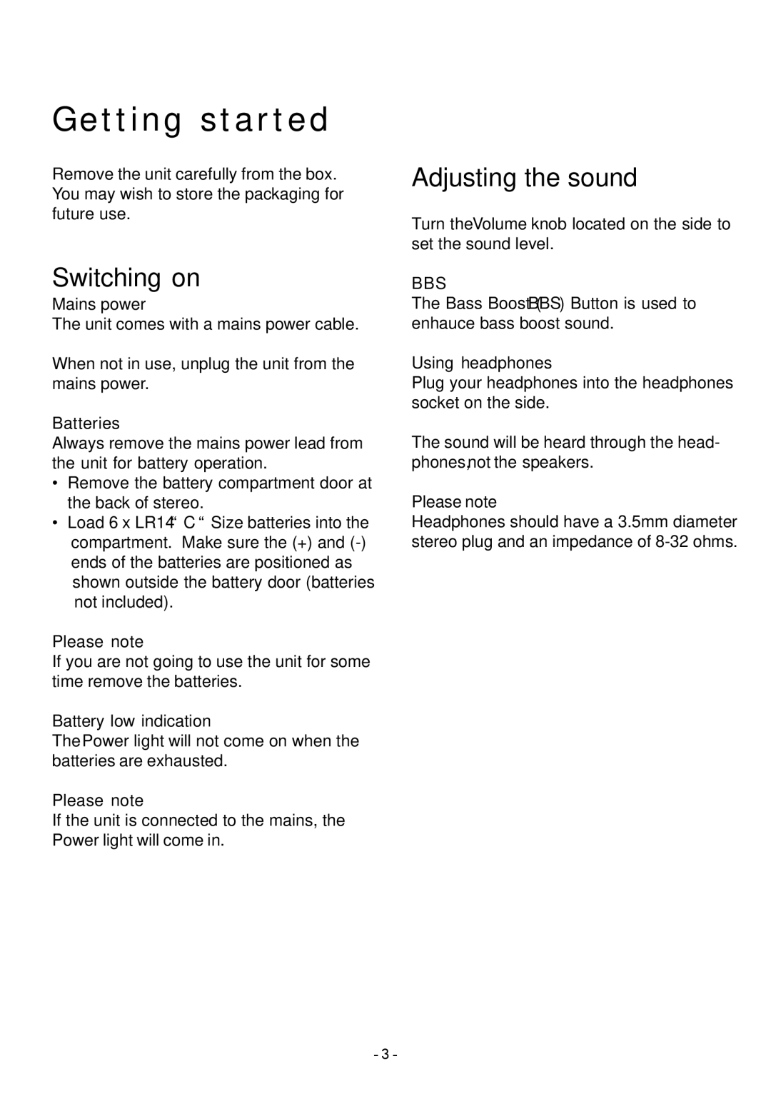 Sylvania SRCD348 manual Getting started, Switching on, Adjusting the sound 