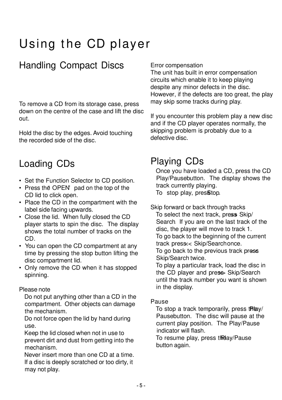 Sylvania SRCD348 manual Using the CD player, Handling Compact Discs, Loading CDs, Playing CDs 