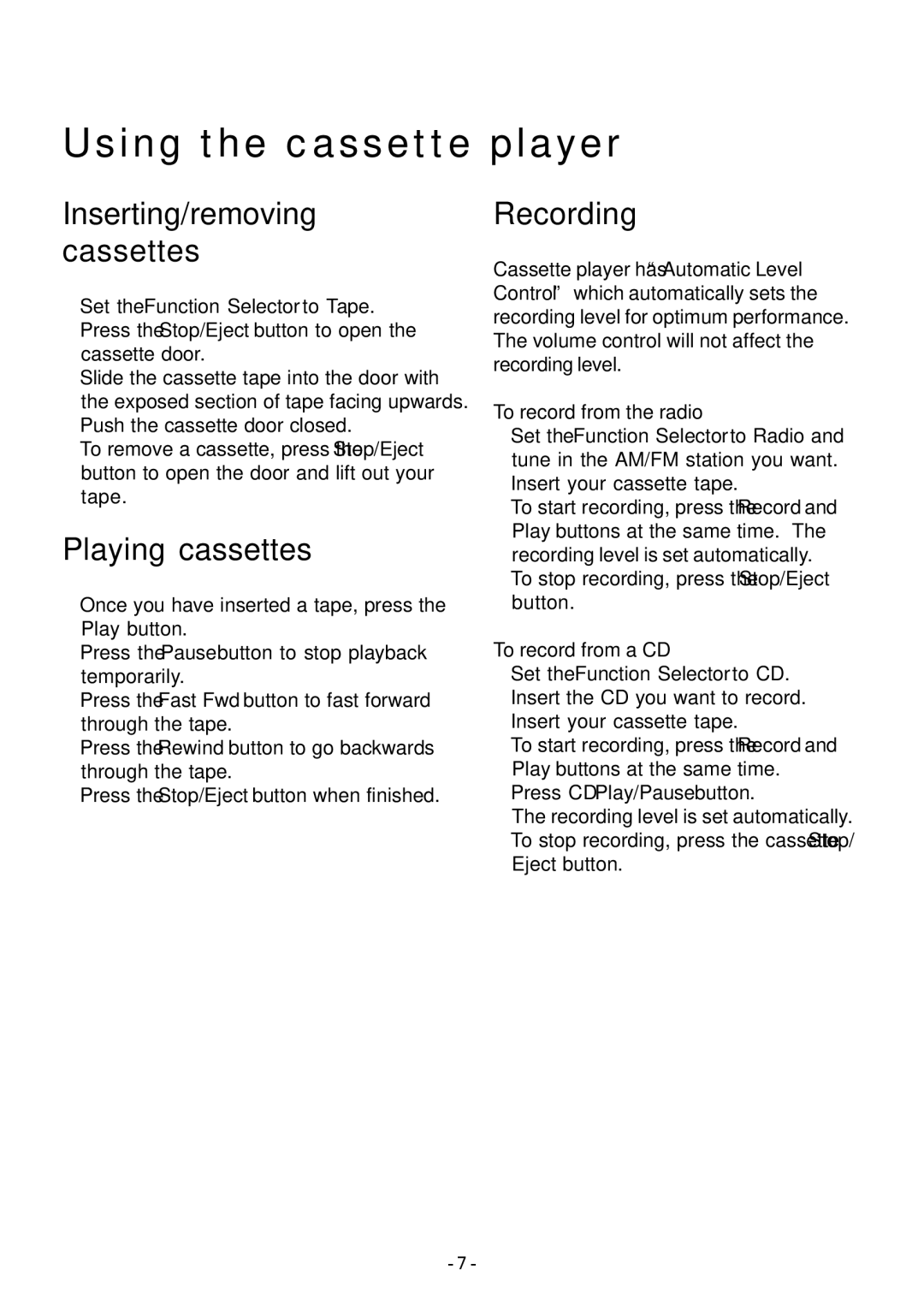 Sylvania SRCD348 manual Using the cassette player, Inserting/removing cassettes, Playing cassettes, Recording 