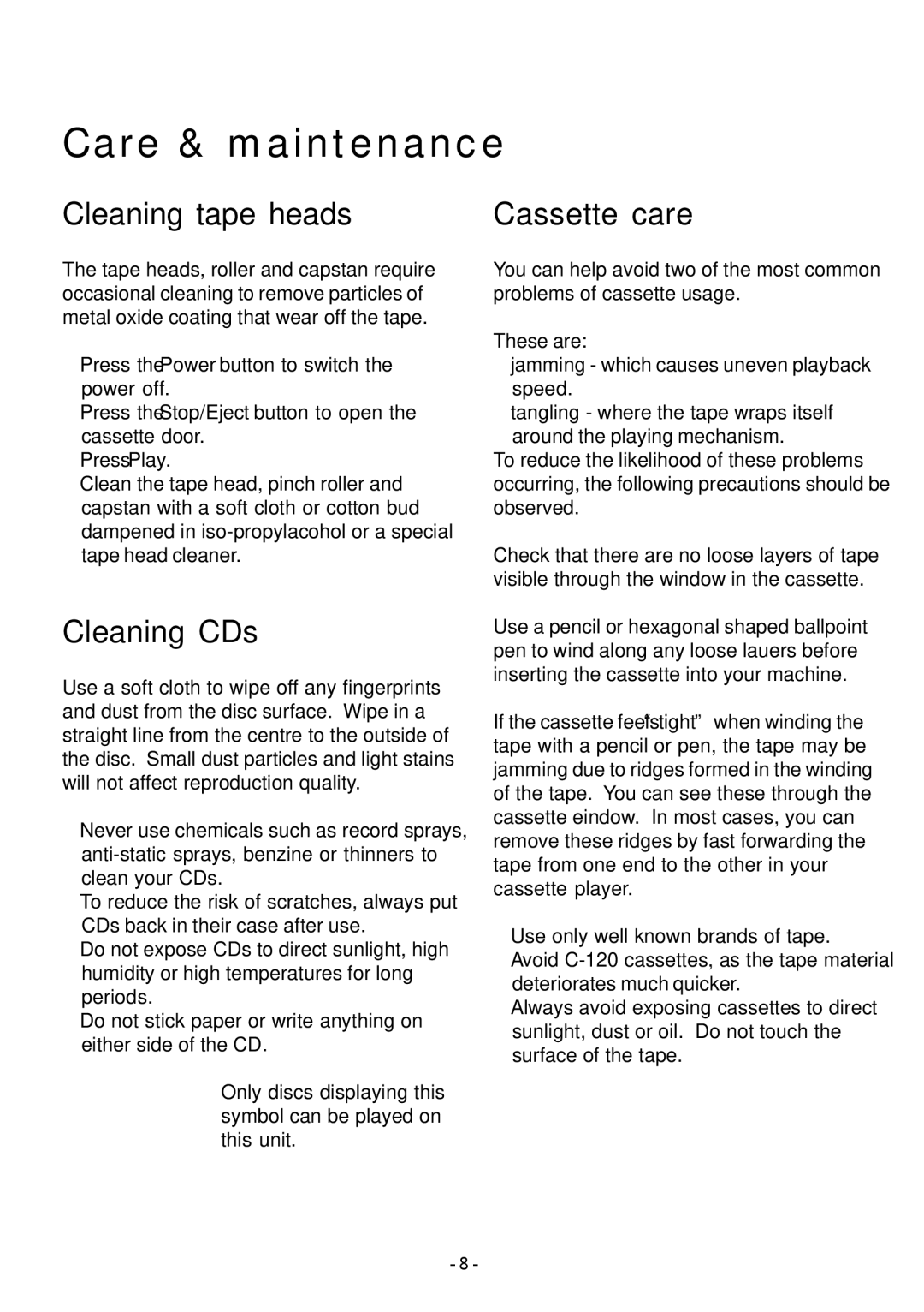 Sylvania SRCD348 manual Care & maintenance, Cleaning tape heads, Cleaning CDs, Cassette care 