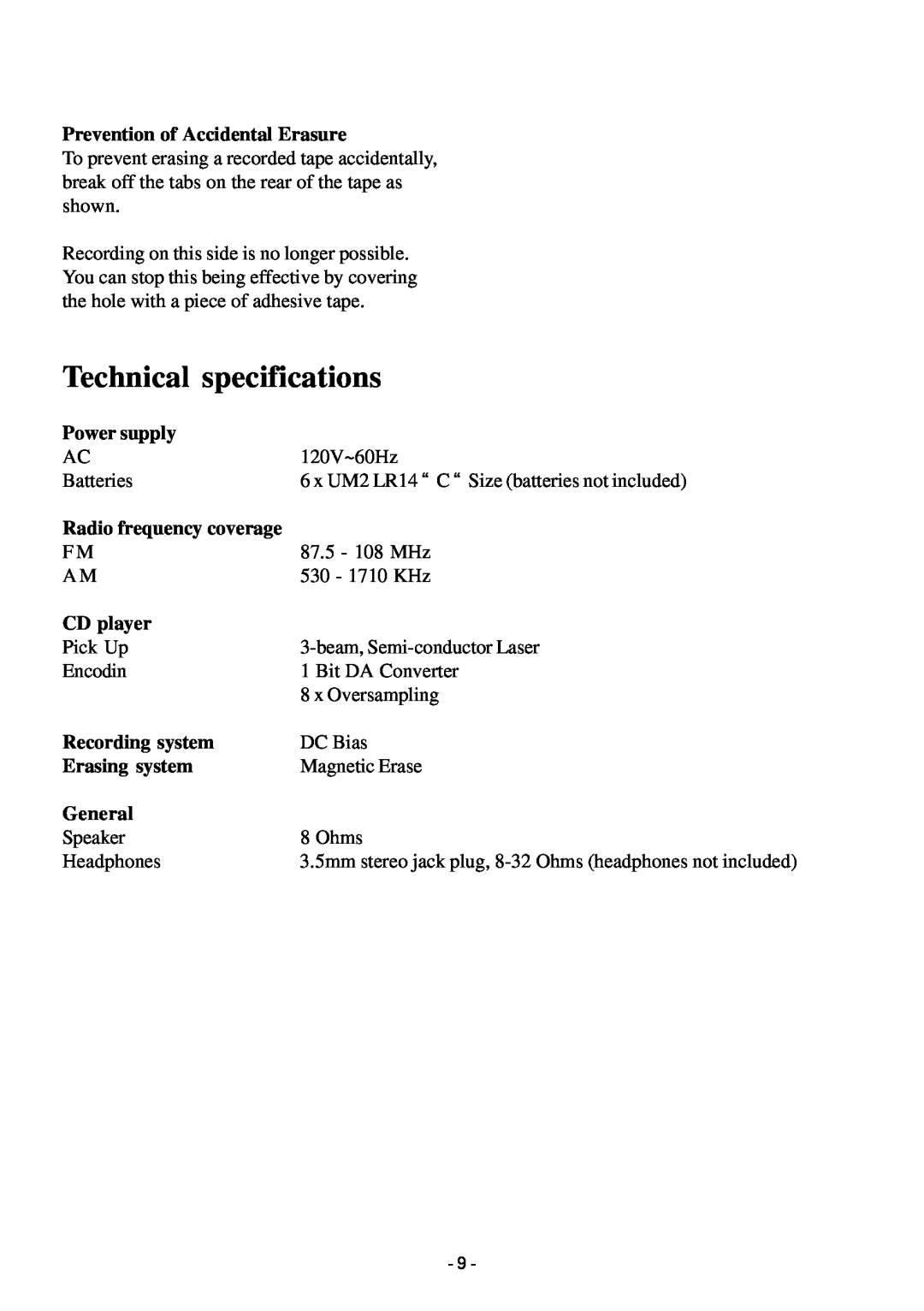 Sylvania SRCD348 manual Technical specifications, Prevention of Accidental Erasure, Power supply, Radio frequency coverage 